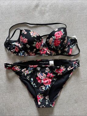 Abercrombie & Fitch Black Floral Bikini Set with Pink & Red Blooms
